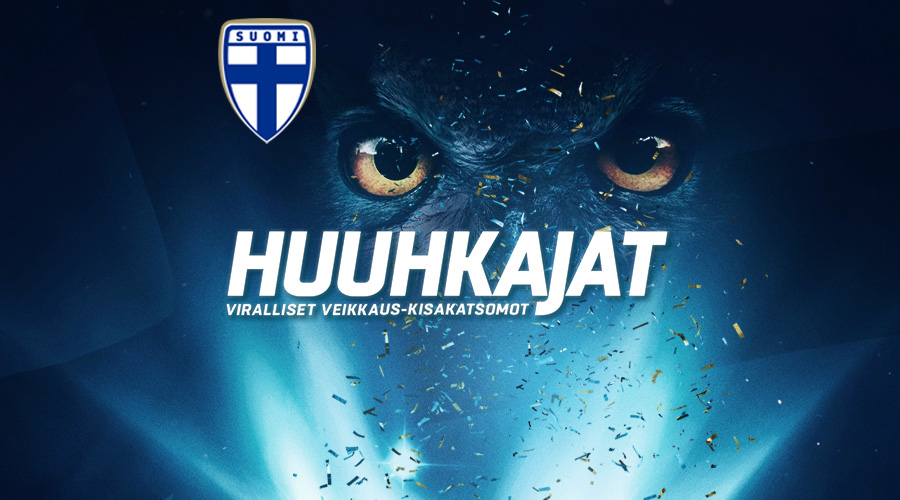Huuhkajan silmät ja Suomen jalkapallomaajoukkueen Suomi-logo sinisellä taustalla sekä teksti Huuhkajat, viralliset Veikkaus kisakatsomot.