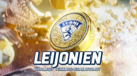 Kultainen jääkiekko Suomen Leijona -logolla ja teksti Suomen Leijonien viralliset Veikkaus kisakatsomot.