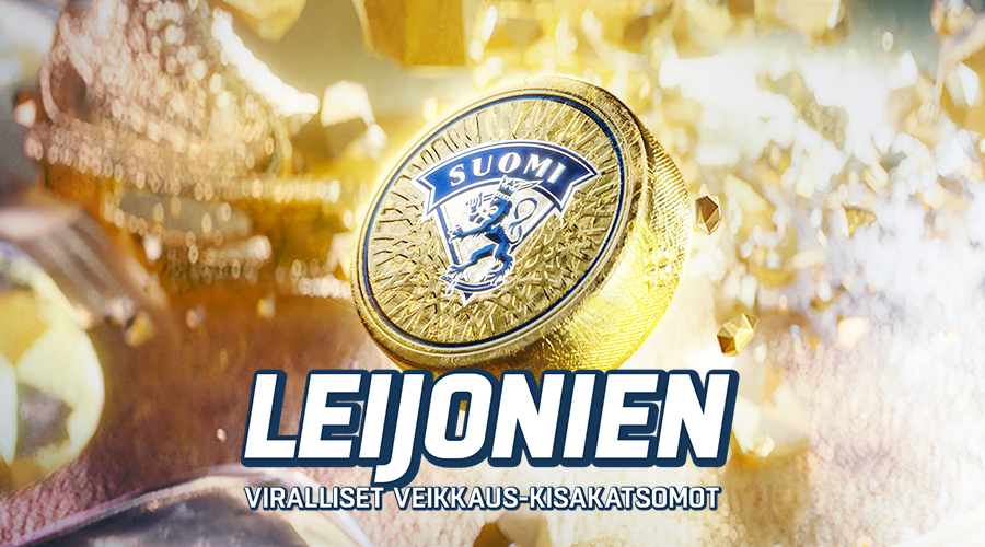 Kultainen jääkiekko Suomen Leijona -logolla ja teksti Suomen Leijonien viralliset Veikkaus kisakatsomot.