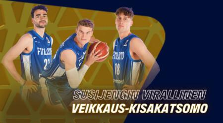 Suomen koripallomaajoukkueen pelaajia ja teksti Susijengin virallinen Veikkaus-kisakatsomo.