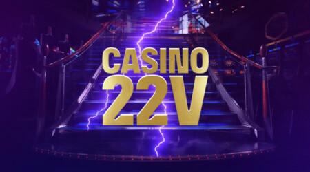 Violetilla taustalla on animoituna kasinon portaikko ja kultaisilla kirjaimilla teksti Casino 22V.