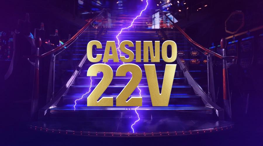 Violetilla taustalla on animoituna kasinon portaikko ja kultaisilla kirjaimilla teksti Casino 22V.