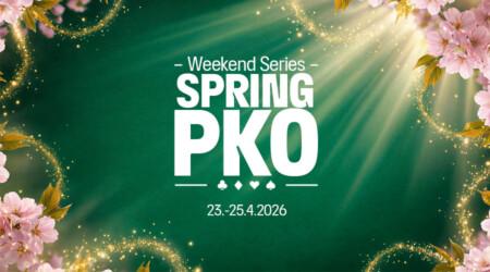 Kirsikankukkia, auringonsäteitä ja vihreällä taustalla teksti Weekend Series Spring PKO -pokeriturnaus kasinolla 23.–25.4.2026.