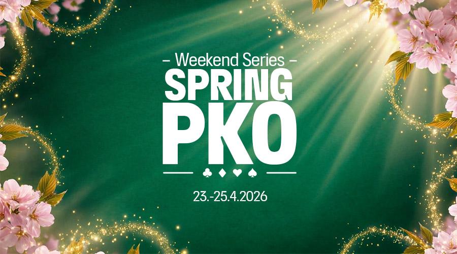 Kirsikankukkia, auringonsäteitä ja vihreällä taustalla teksti Weekend Series Spring PKO -pokeriturnaus kasinolla 23.–25.4.2026.
